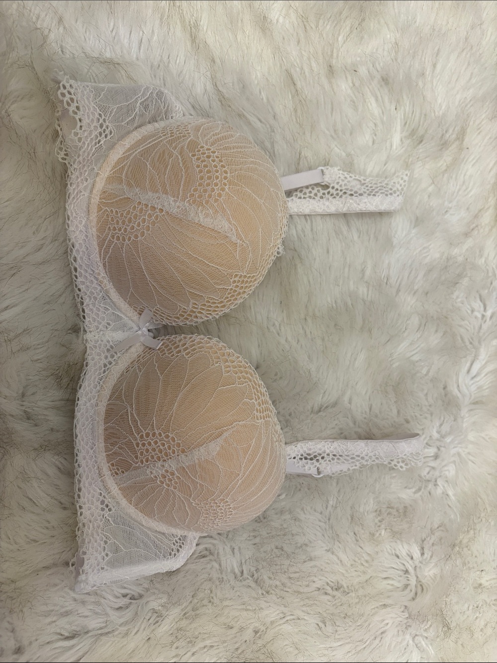 Frederick's of Hollywood White Lace Overlay Bra with Nude Cups